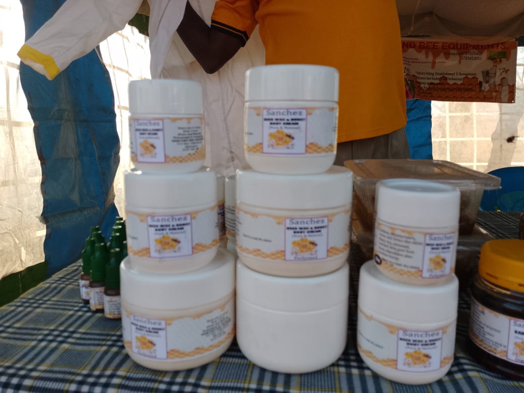 Sanchez bee wax and honey body cream jars on display