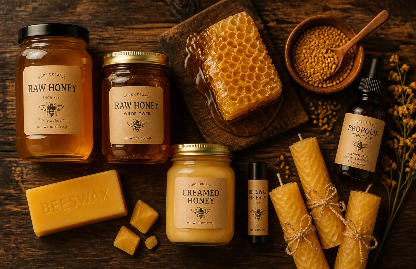 Honey jars, comb honey, beeswax, propolis tincture, pollen and beeswax candles