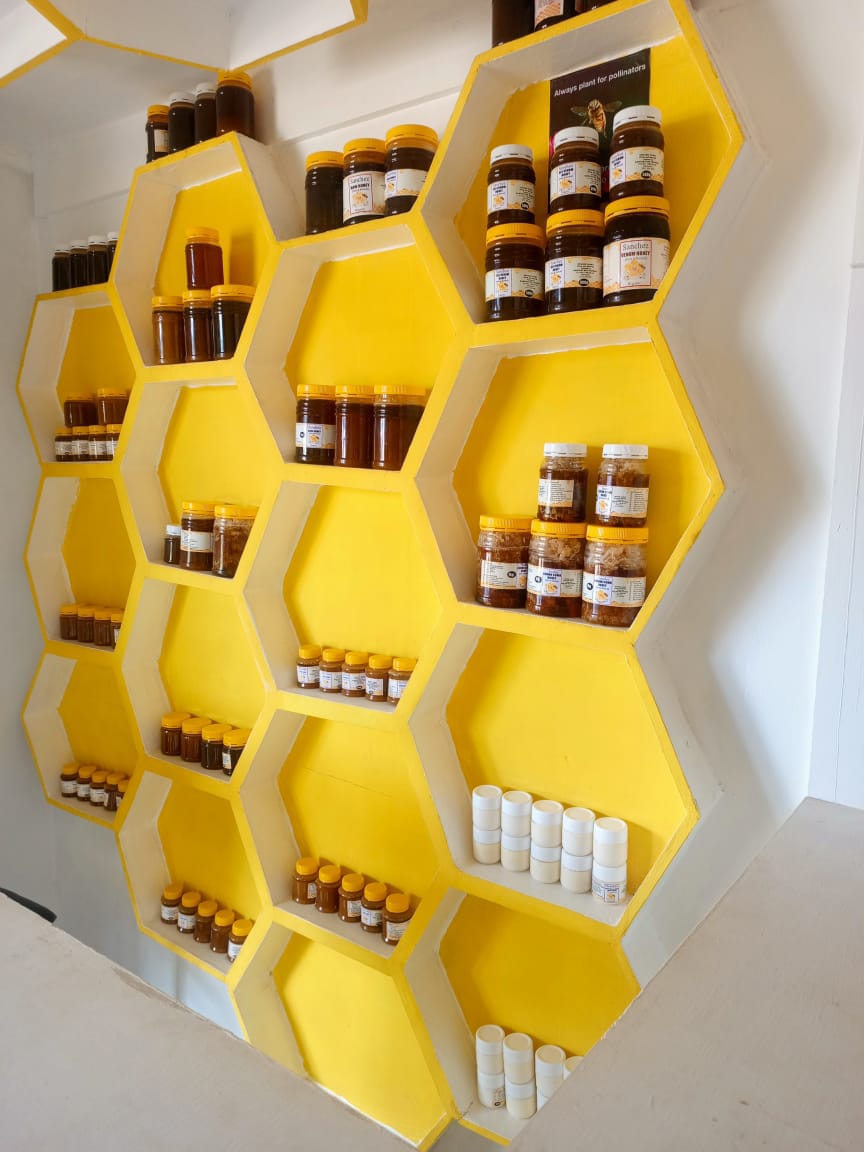 Honeycomb shelving inside the Sanchez Bee Keepers shop stocked with honey jars